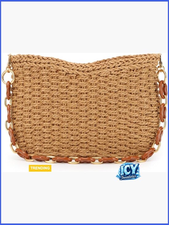 8601 TG10640 Tiara Woven Hobo Tote Bag With Pouch Straw Woven Hobo Tote Bag with Removable Chain Straps